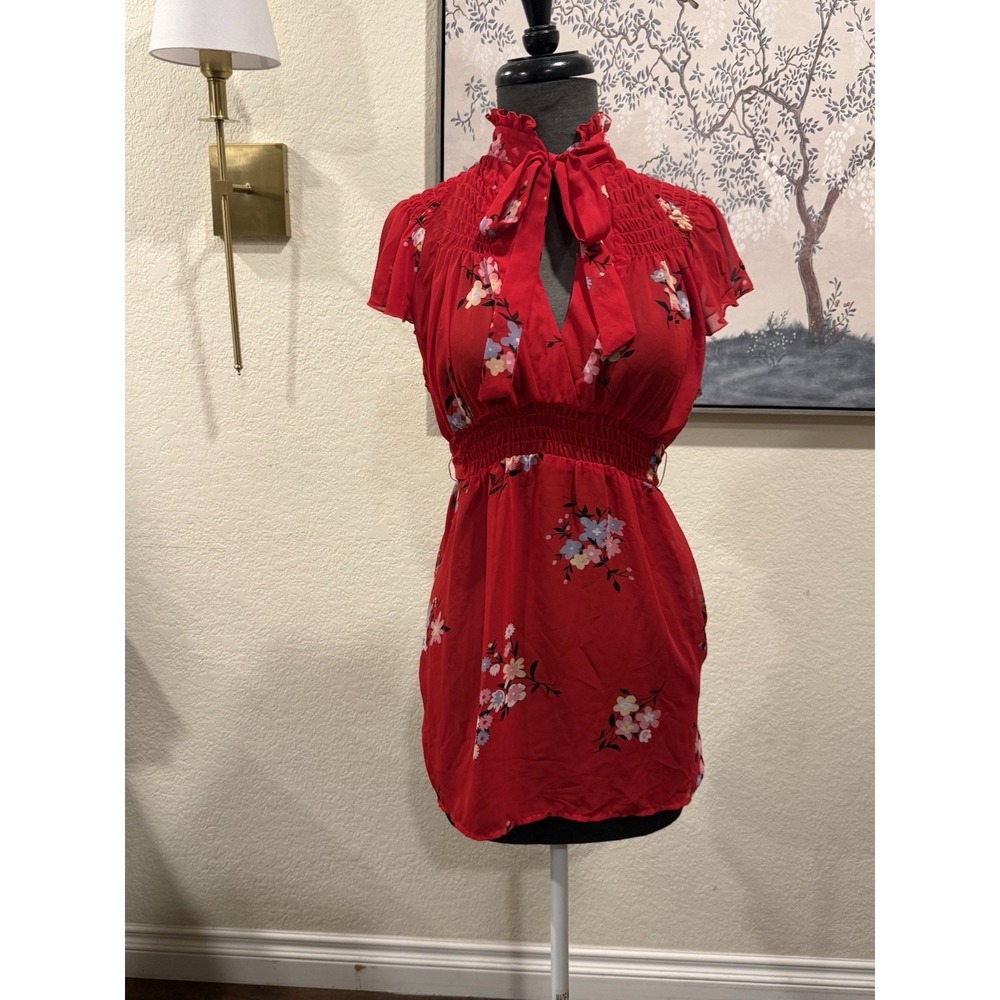 Charlotte Russe Red Pink Floral Chiffon Tie Neck Ruffle Blouse  L baby‎ doll